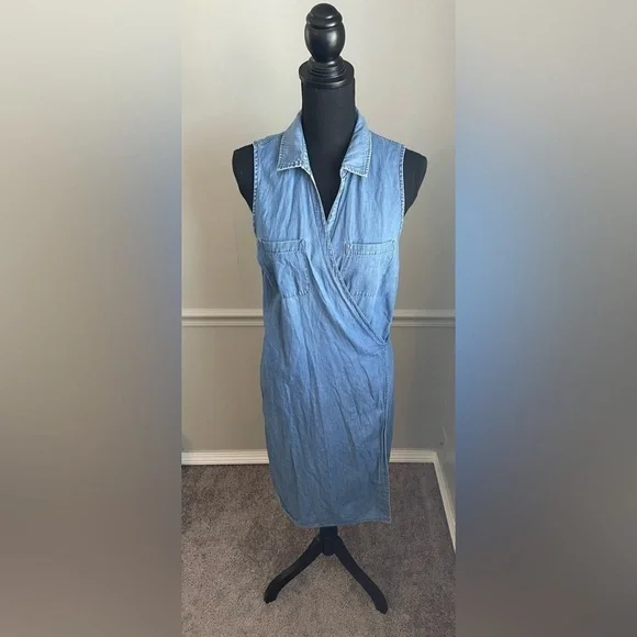 Old Navy Blue Jean Denim Sleeveless Wrap Dress Size Grand Tall - Picture 3 of 8